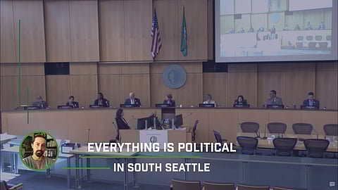 Seattle City Council members seated at a dais during a public meeting, with “Everything Is Political in South Seattle” and a small profile photo of the columnist overlaid at the bottom.