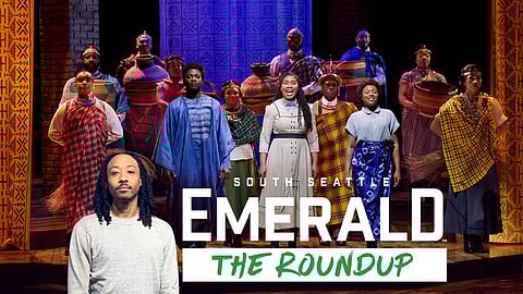 Cast of “The Color Purple” on stage in vibrant costumes with bold lighting, featured behind the “South Seattle Emerald: The Roundup” banner and a photo inset of the newsletter's editor.
