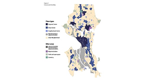 Seattle future land use map showing regional centers, urban centers, neighborhood centers, industrial and manufacturing areas, urban neighborhoods, major institutions, parks, and cemeteries; part of Seattle Comprehensive Plan 2025.