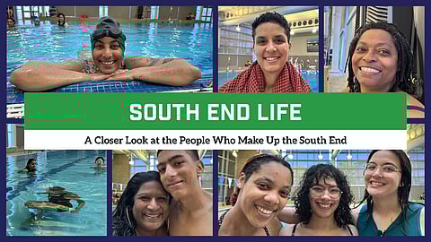 Collage showing instructors and students at Oshun Swim School, with the title “South End Life” and the subtitle “A Closer Look at the People Who Make Up the South End.”