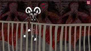 An illustration of a bull-like figure behind bars, with one leg and hoof reaching over the bars.