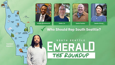 Graphic for South Seattle Emerald’s “The Roundup” featuring a map of Seattle’s District 2 neighborhoods and portraits of Adonis Ducksworth, Eddie Lin, Jamie Fackler, and Jeanie Chunn with text asking “Who Should Rep South Seattle?”