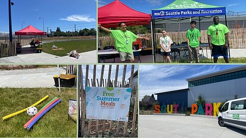 Seattle Parks and Recreation staff and interns at summer meals program with outdoor tens, activity supplies, free meals sign, and South Park Plaza entrance.