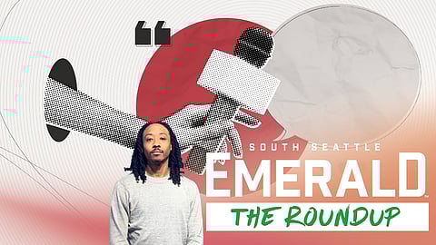 A collage-style illustration shows a hand holding a microphone toward a speech bubble while large quotation marks hover nearby, indicating the concept of opinion writing and sharing. The image is overlaid with a photo of Mike Davis and text that reads "South Seattle Emerald The Roundup."