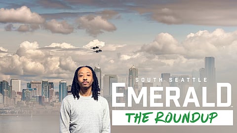 A photo of the Blue Angels flying over Seattle on a cloudy day, behind a text overlay that reads "South Seattle Emerald The Roundup" next to a headshot of Mike Davis.