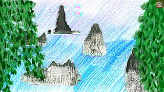 Colorful illustration of jagged gray rock formations rising from a swirling blue and purple sea, framed by dense green foliage on both sides.