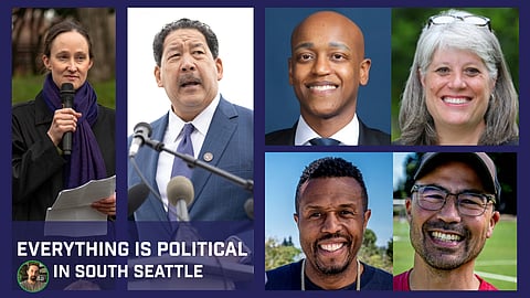 Images of six likely general election candidates show a white woman holding a mic next to a biracial man speaking into a mic, aong with a smiling Black man, a smiling white woman, a smiling Black man and a smiling man of Asian descent.