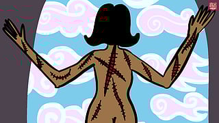 An illustration of a nude person's scarred back; their arms are outstretched and hanging onto a door frame; the person is looking out at a sky and clouds.