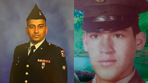 Side-by-side military portraits of Muhammad Zahid Chaudhry in a modern U.S. Army dress uniform with service ribbons and insignia, and Jose Tinajero in an older-style military uniform with a green scenic background.
