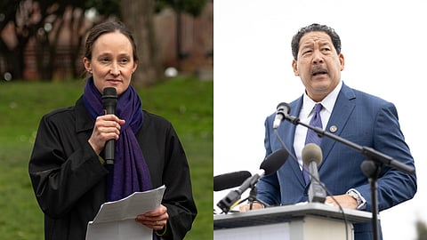 Side by side photos of Katie Wilson and Bruce Harrell. Katie is holding a microphone and papers, and Bruce is behind a podium outfitted with microphones.