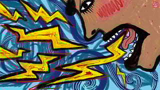 An illustration of a face emerging from one corner, their mouth open, their eyes angered, and lightning bolts emerging from their mouth and zapping across the frame.
