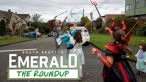 Children dressed in costumes and chasing large bubbles down a street at T'Challaween 2024.