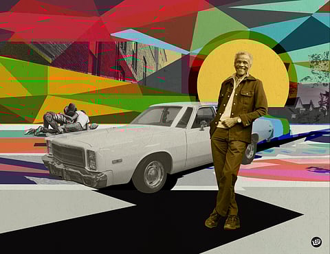 A collage-like illustration of Al Doggett placed next to a car and snippets of images of people and houses.
