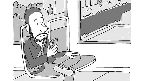 Cartoon drawing of a man with a beard sitting on public transport, looking at his smartphone with a thoughtful expression. He has one leg crossed over the other, and scenery is visible through the window beside him.