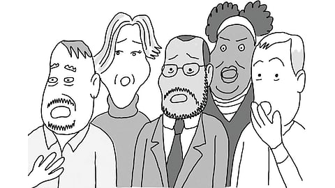 Cartoon illustration of five people standing together with surprised or shocked expressions.