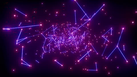 Neon pink and blue lines forming shifting geometric connections in a dark, cosmic-like space, with glowing nodes and particles creating a dynamic, futuristic digital network effect.