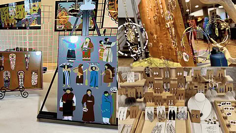 Collage of Indigenous artwork and jewelry at the November Native Art Market, featuring stylized Native figure illustrations, beadwork hoops, and displays of handcrafted earrings and accessories at Daybreak Star Indian Cultural Center.