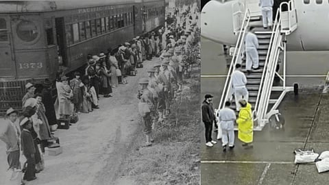 Side-by-side images compare Japanese American families boarding a train under military guard during World War II incarceration with detainees in jumpsuits boarding a plane on a wet tarmac in 2025.