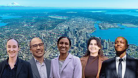 Seattle skyline aerial view with Mount Rainier in the background and five diverse professionals’ portraits layered in the foreground.