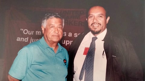 Cesar Chavez and Magdaleno "Leno" Rose-Avila stand side by side.
