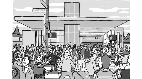 Black-and-white illustration of a crowd gathered around the Judkins Park light rail station.