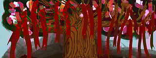 An illustration of a strong tree with red ribbons hanging from it that read "I wish."