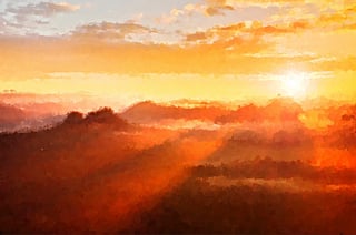 Watercolor paint. Paint effect. Red misty landscape panorama in mountains. Fantastic dreamy sunrise on rocky mountains with view down to foggy misty valley below.