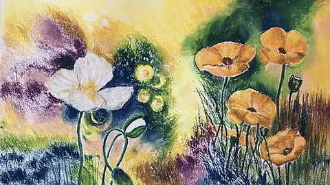 Vibrant oil pastel on paper artwork of flowers.