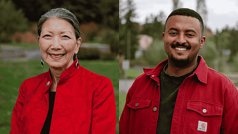 Sharon Tomiko Santos, left, and Kelabe Tewolde smile in side-by-side outdoor portraits.