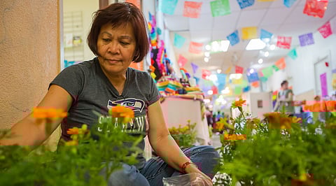 Maria Batayola wraps marigolds at El Centro de la Raza in Seattle, Washington, on Nov. 1, 2018. (Photo: Carolyn Bick)