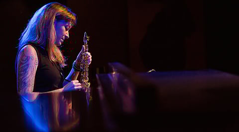Kate Olson of the K.O. Ensemble pauses, as she performs at the Royal Room in Seattle, Washington, on Nov. 29, 2018. (Photo: Carolyn Bick)