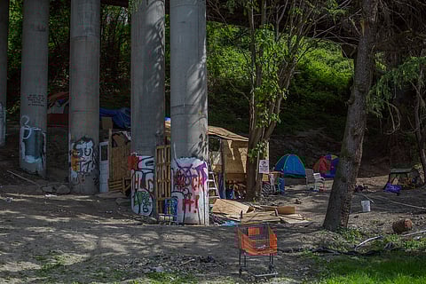 An encampment in the SODO area of Seattle, Washington, is quiet on May 10, 2020. (Photo: Carolyn Bick)