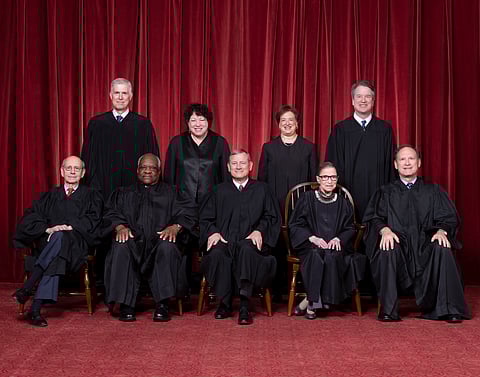 The Roberts Court, November 30, 2018. Seated, from left to right: Justices Stephen G. Breyer and Clarence Thomas, Chief Justice John G. Roberts, Jr., and Justices Ruth Bader Ginsburg and Samuel A. Alito. Standing, from left to right: Justices Neil M. Gorsuch, Sonia Sotomayor, Elena Kagan, and Brett M. Kavanaugh. Photograph by Fred Schilling, Supreme Court Curator's Office.