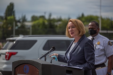 Mayor Jenny Durkan speaks at a press conference at Rainier Beach High School in Seattle, Washington, on Aug. 20, 2020. (Photo: Carolyn Bick)