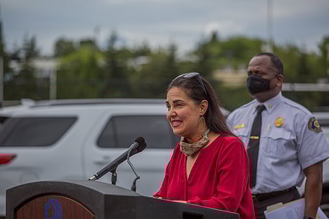 District 2 Seattle City Councilmember Tammy Morales speaks at a press conference at Rainier Beach High School in Seattle, Washington, on Aug. 20, 2020. (Photo: Carolyn Bick)