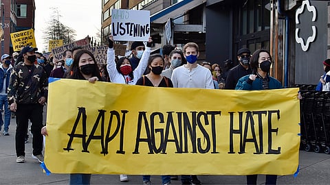 Protestors marched after a rally in Hing Hay Park in April 2021 to show support stopping violence against Asians. (Photo: Maile Anderson)