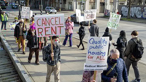 Protesters called for improved renters' rights during a rally outside Seattle City Hall on Wednesday, March 31, 2021. (Photo: Susan Fried)