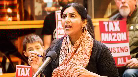 Councilmember Kshama Sawant at an event unveiling the "Tax Amazon" payroll tax on large employers. Photo courtesy of Seattle City Council Flickr (under a CC BY-SA 2.0 license).