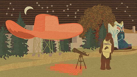 Illustration by Alexa Strabuck of Oxbow Park (Hat and Boots Park) in Seattle at night with Seattle SuperSonics' team mascot, Squatch, looking up at the night sky next to a telescope on a tripod and constellations in the sky visible behind the park.