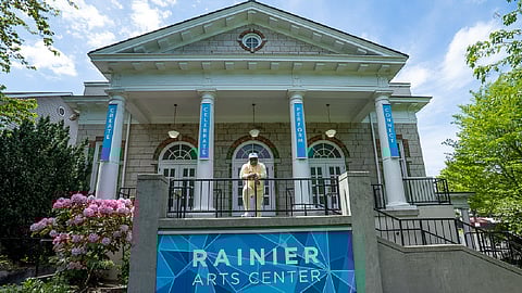Julius Caesar stands outside the Rainier Arts Center, which will host Laugh Rehab on Saturday May 15, 2021. (Photo: Susan Fried)