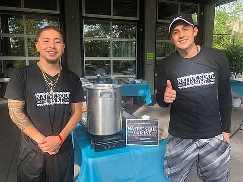 Jeremy Thunderbird (left) creator of Native Soul Cuisine, where staples include blue corn tamales, cedar-smoked salmon mac and cheese, and Jamaican curry Navajo tacos on a fry bread taco shell. Photo courtesy of Jeremy Thunderbird.