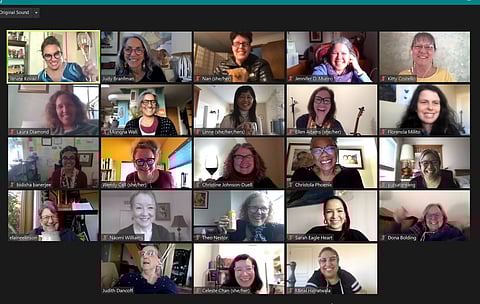 A virtual happy hour for the Flying Founders, a group of Hedgebrook alumni who formed to support fellow writers during the COVID-19 pandemic lockdowns. Photo courtesy of Wendy Call.