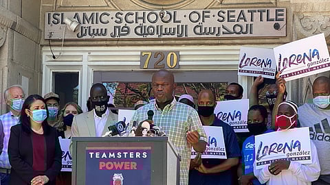 Council President Lorena Gonzalez and members of the Teamsters Local 117 announce a record-breaking settlement that will award $3.4 million to Seattle Uber drivers. Photo courtesy of Teamsters Local Union No. 117.