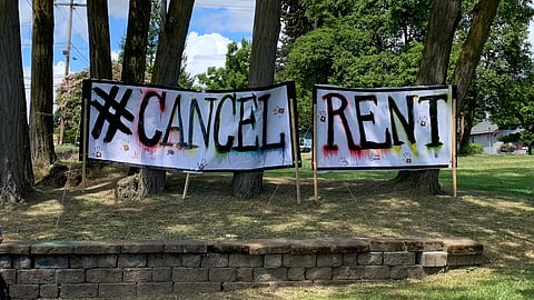 Several dozen people turned out for the Cancel the Rent Rally in Othello Park on Saturday to demand an extension of the state's eviction moratorium and to call for the cancellation of rent and mortgages unpaid during the pandemic. (Photo: Hannah Krieg)