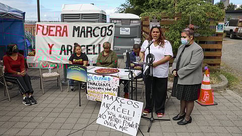 Employees of Casa Latina speak out during a hunger strike protesting what they say is an inadequate response to sexual harassment at the organization. (Photo: Alex Garland)