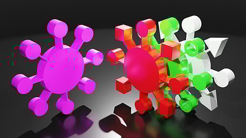 Digital graphic rendition of the coronavirus, including three mutated forms. The virus appears in pink, red, green, and white, respectively, against a black background with variations in the spike proteins protruding from the round nucleus. (By FrankundFrei via Pixabay.)
