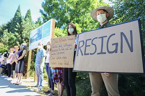 Silent protest by members of Seattle Children's Hospital (SCH) workforce on Aug. 11, 2021, outside of SCH's main campus in Sandpoint. (Photo: Alex Garland)