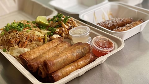The L-Dub plate from Lumpia World — seven pieces of lumpia with the island mac salad and veg pancit. (Photo: Intentionalist)