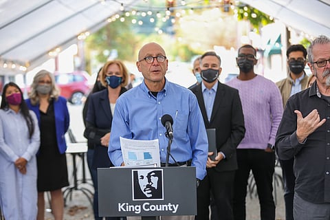 Dr. Jeffrey Duchin speaks during a Thursday press conference, held in the Columbia City neighborhood, where city and county officials announced that proof of a COVID-19 vaccination or a negative test will be required to enter certain establishments and attend outdoor events. (Photo: Alex Garland)