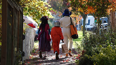 Trick-or-treaters leaving 2020's T'Challaween in Beacon Hill. (Photo: Susan Fried)